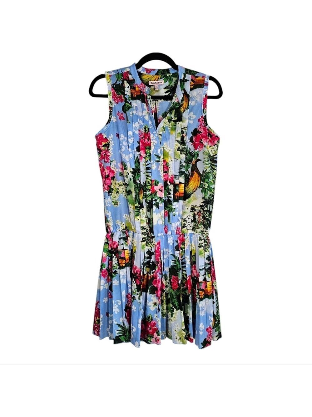 Juicy Couture Paradise Blue Sleeveless Hawaiian Floral Mini Dress Sz 4 - Picture 3 of 14